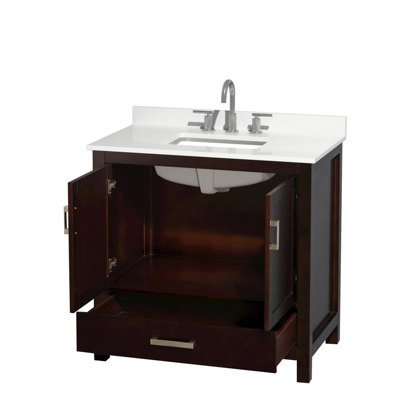 Ensemble de meuble-lavabo simple 36 po avec plateau en quartz Sheffield, Quartz blanc, Brun, Chrome