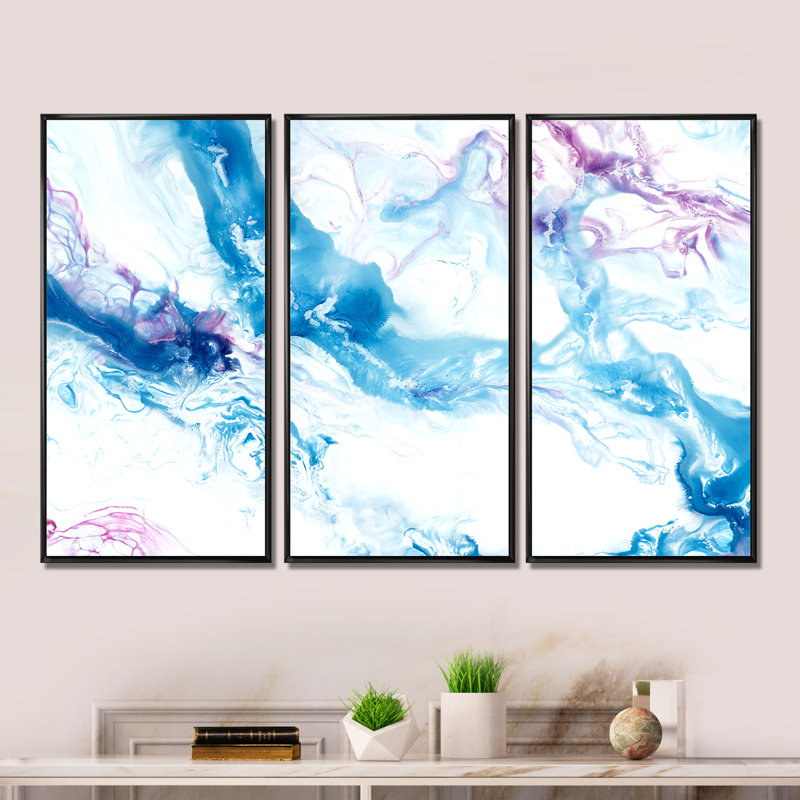 «Blue and Pink Marble», reproduction d'art sur toile encadrée 3 pièces, Cadre noir, H 28 po x l 36 po x P 1 po