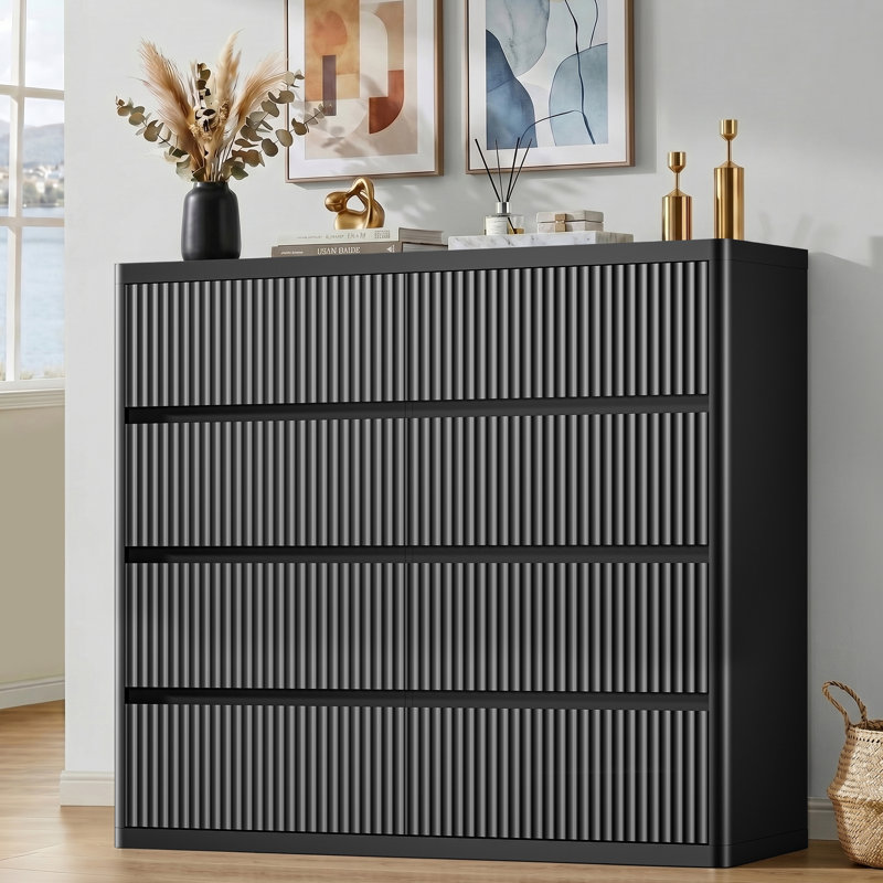 Commode incurvée à 8 tiroirs en bois, 48 po de largeur, moderne et incurvée, noire, Noir