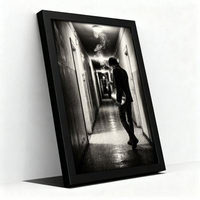 Man in Corridor with Vinyl Record in Black and White Canvas Wall Art