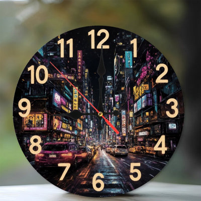 Clock With Neon effect Lit Cityscape