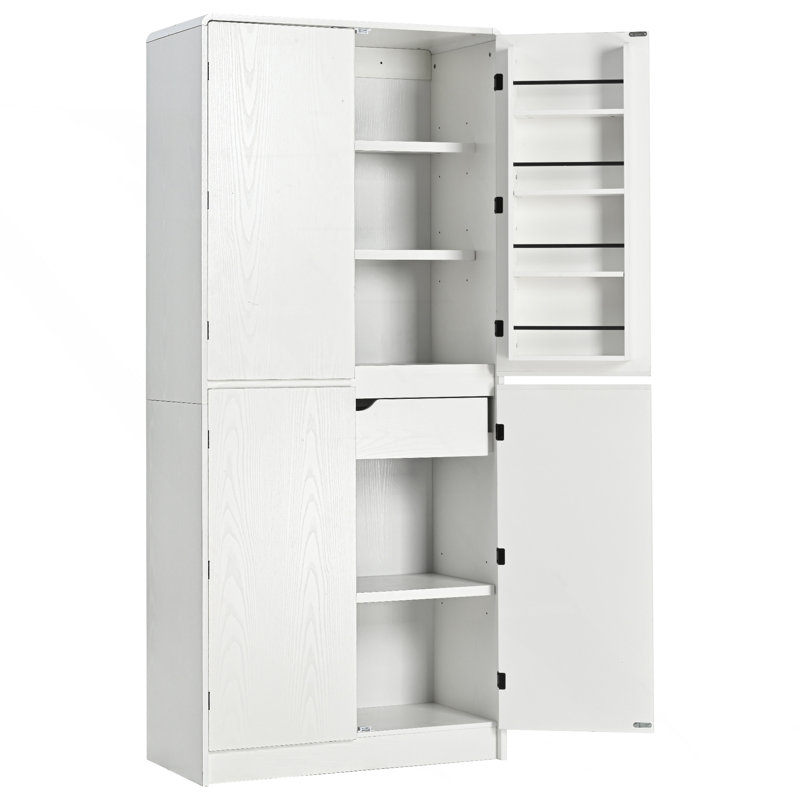 Armoire de cuisine Farmhouse avec 8 tablettes de porte, armoire de rangement courbée avec 3 tablettes réglables, Blanc