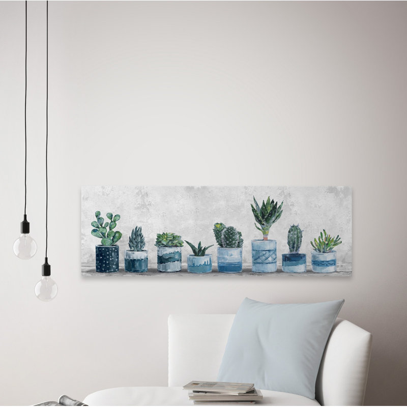 Succulents in Blue Pots 1 Piece Wrapped Canvas Painting, 25cm H x 76cm W x 3.81cm D
