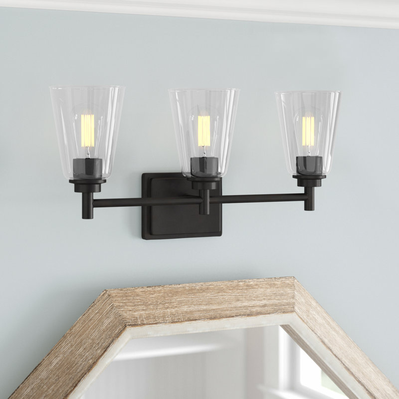 Kromer 22.5" W 3-Light Steel Vanity Light with Glass Shades, Matte Black