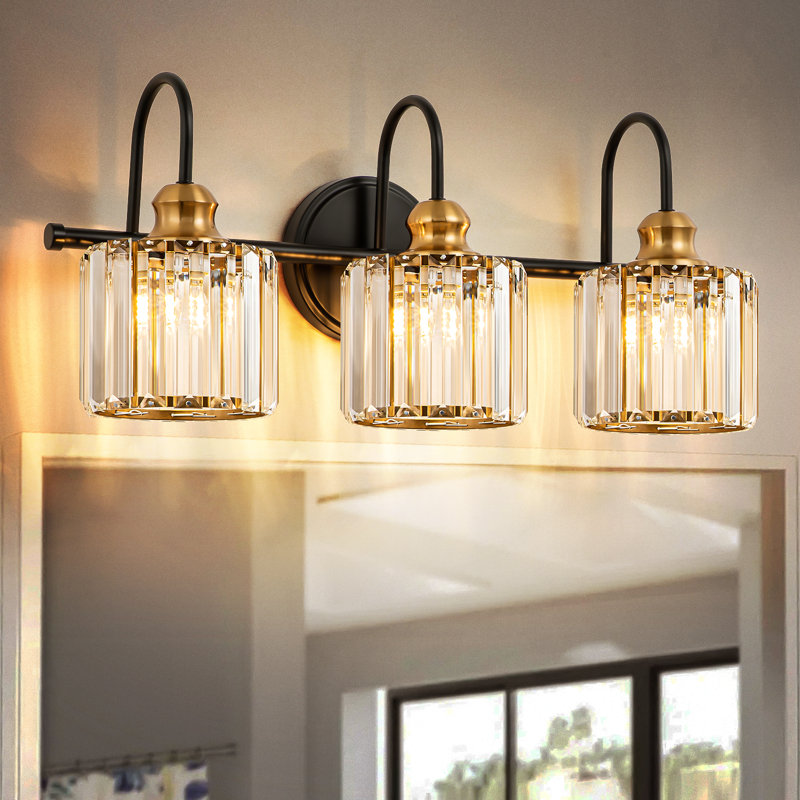 Gjystina 3-Light Dimmable Gold-Black/Chrome Crystal Vanity Light, Black/Gold, 3 Lights