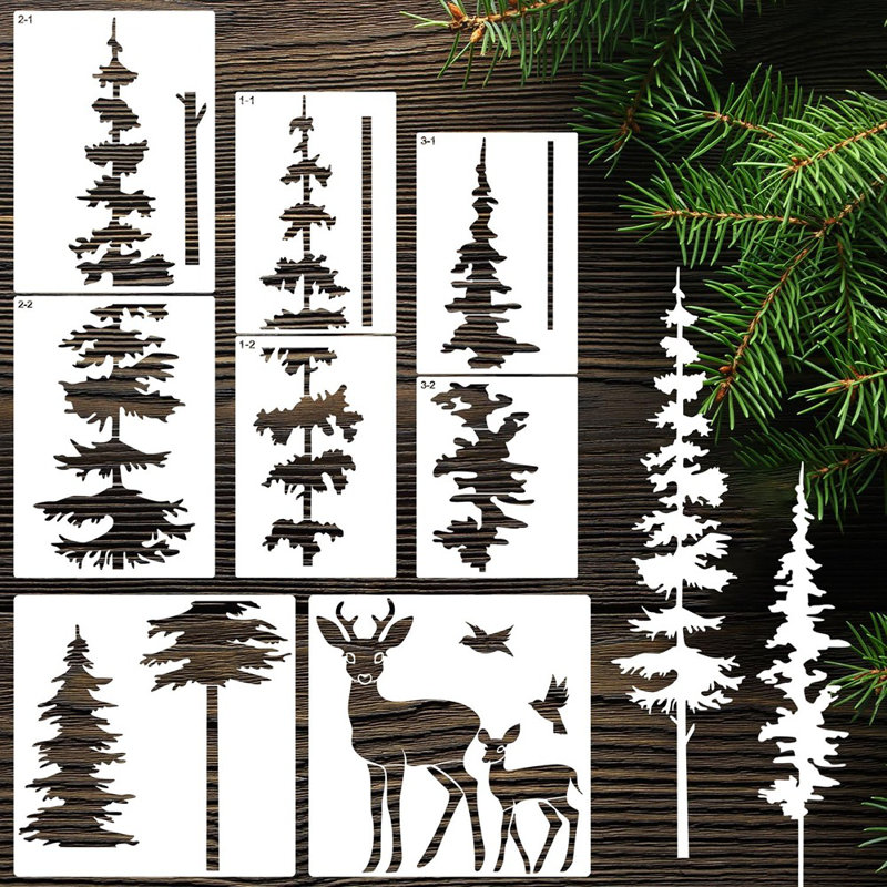 Large Pine Tree Painting Stencils – Green – Reusable Forest Tree Mural Templates