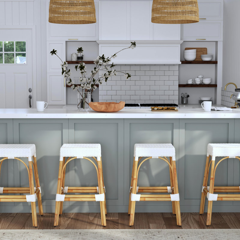 Lennart Counter/Bar Stool, Glossy White/ Natural Rattan Frame, Bar Stool (30" Seat Height)