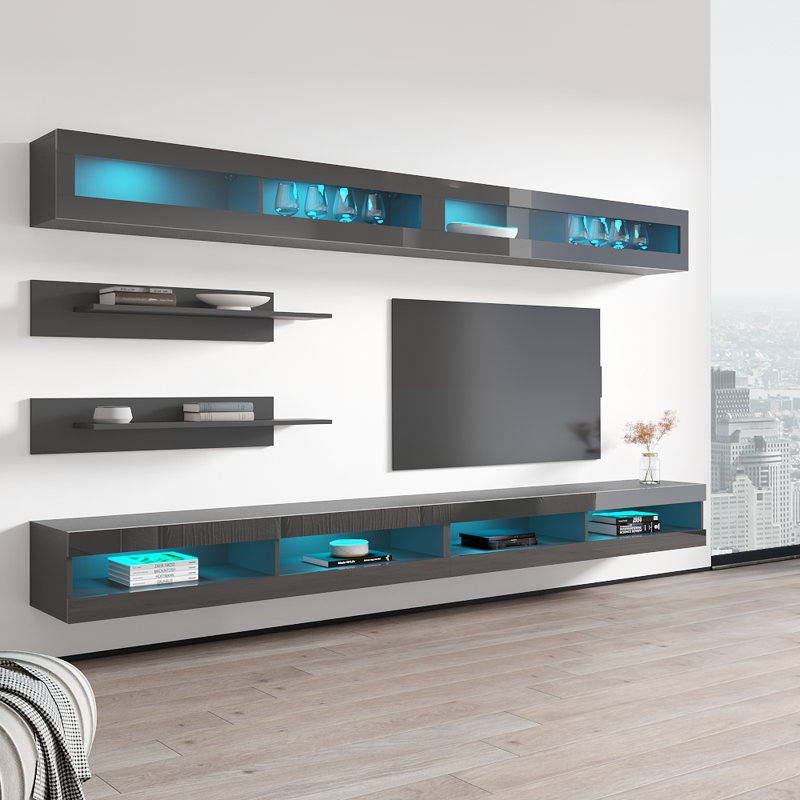 Lonergan 126" Modern Floating Wall Mounted Entertainment Center with 16-Color LED Lighting, High Gloss Finish, Gray