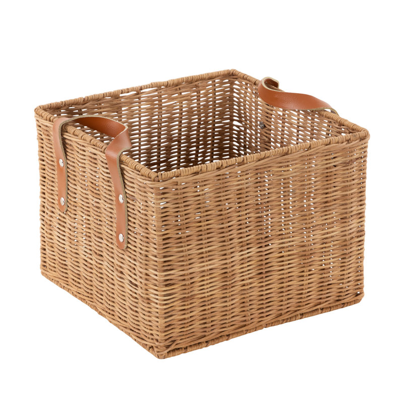 Cole and Grey Rattan Handmade Woven Brown Decorative and Functional Storage Basket with Leather Handles