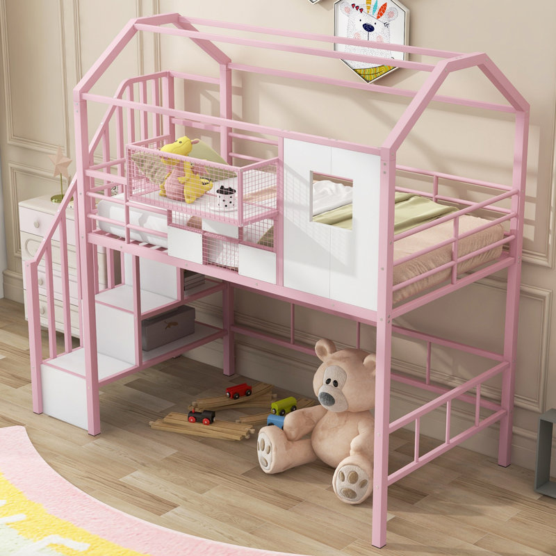 Lit mezzanine en métal avec une boîte de rangement, Rose
