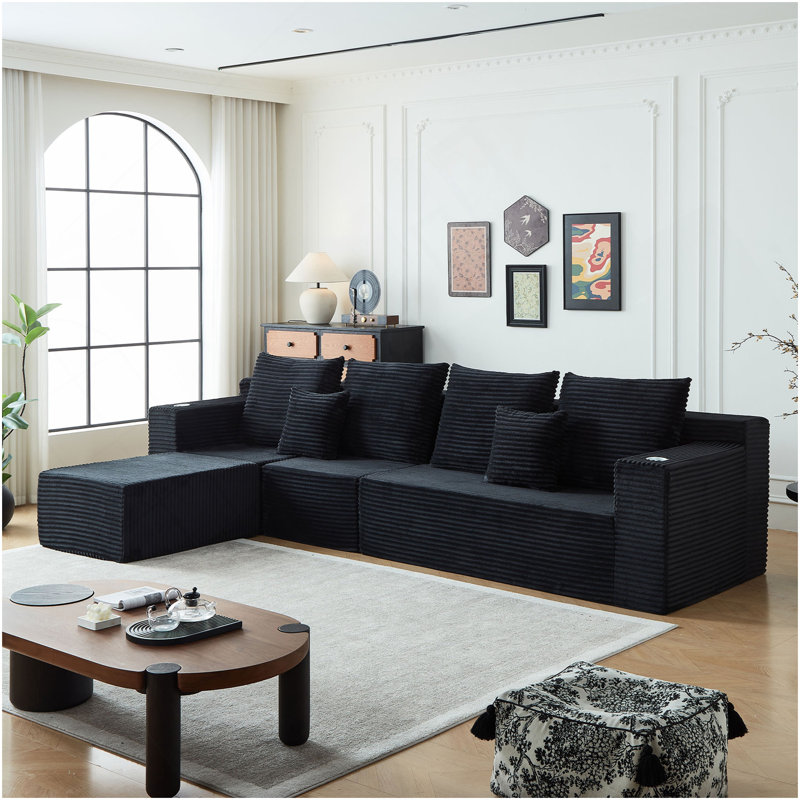Canapé modulaire profond en velours côtelé avec porte-gobelets, aucun assemblage requis, H 30 po x l 137 po x P 78,5 po, Noir