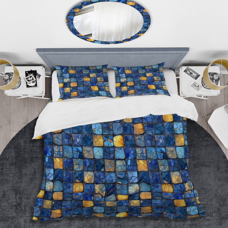 Ensemble de housse de couette moderne bleu, jaune et mosaïque moderne I, Housse de couette très grand et 2 très grandes t