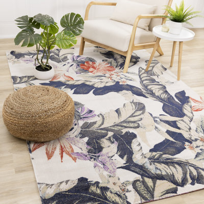 Tapis d'intérieur crème à motif floral rouge et bleu Sara