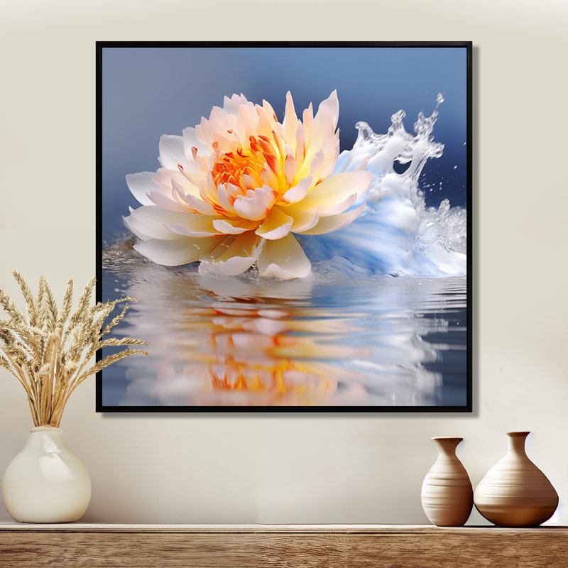 Fleur de lotus blanc flottant, reflet de l'eau - décoration murale Lotus, Cadre flottant noir, bois massif, H 16 po x l 16 po