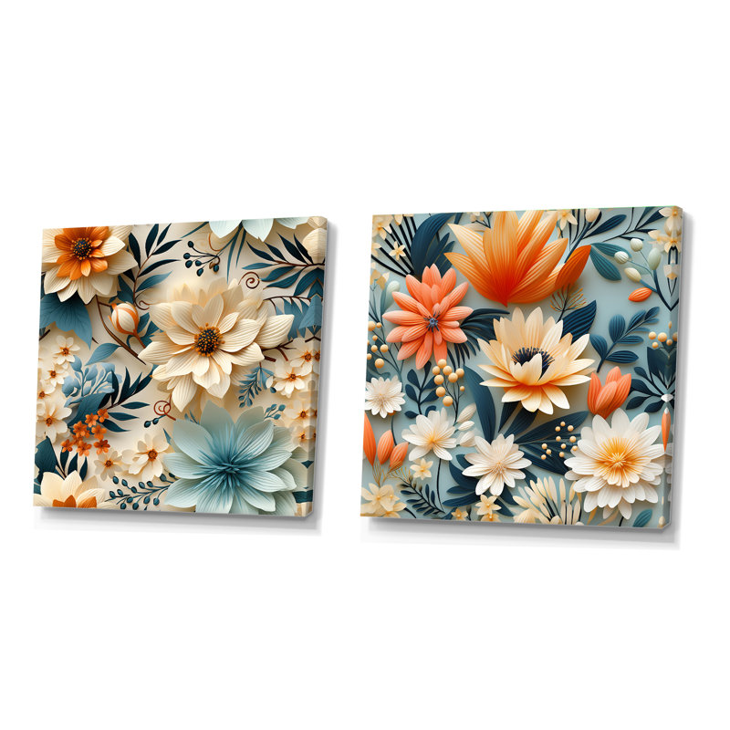 Terre cuite chaude et motif floral floral bleu - ensemble de collage floral carré carré de 2, Toile tendue, H 30 po x l 61 po