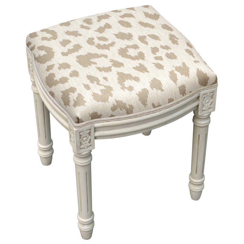 Tabouret de coiffeuse en lin bleu marine à imprimé guépard et finition grise vieillie, Blanc antique, Taupe