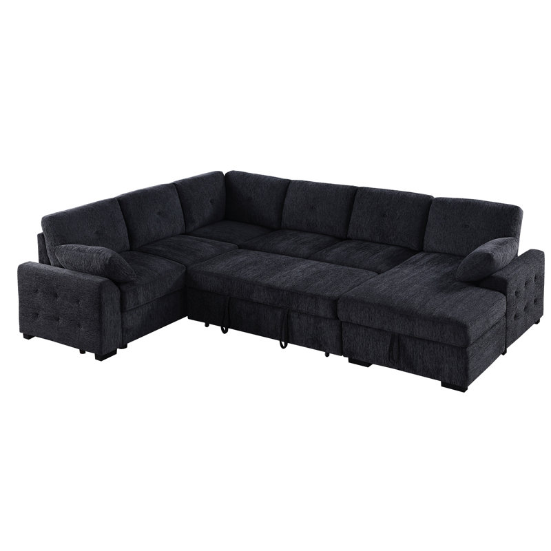Chenille foncée gris foncé en forme de L modulaire à 5 compartiments, méridienne coulissante, rangement et coussins décoratifs