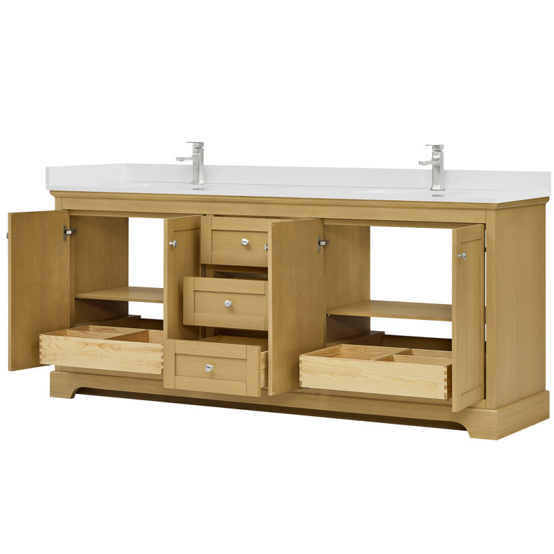Meuble-lavabo double 80 po Avery en noyer foncé, comptoir en quartz Giotto, lavabos carrés encastrés (1 trou), garniture noir mat