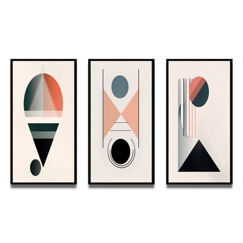 Visionary Retro Moon Geometric Minimalism - Transitional Art Set Of 3 Pieces, Cadre noir, H 40 po x l 60 po