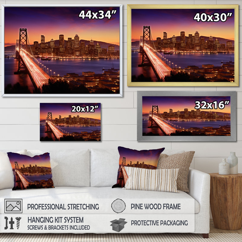 Toile de San Francisco et pont Bay III - Ponts, art mural, Cadre flottant doré, H 34 po x l 44 po x P 1,5 po