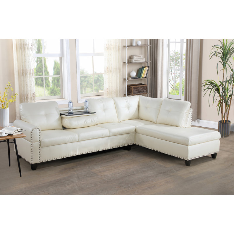 Louvenia Upholstered L-Shaped Sectional, Right Hand Facing, Off White Faux Leather