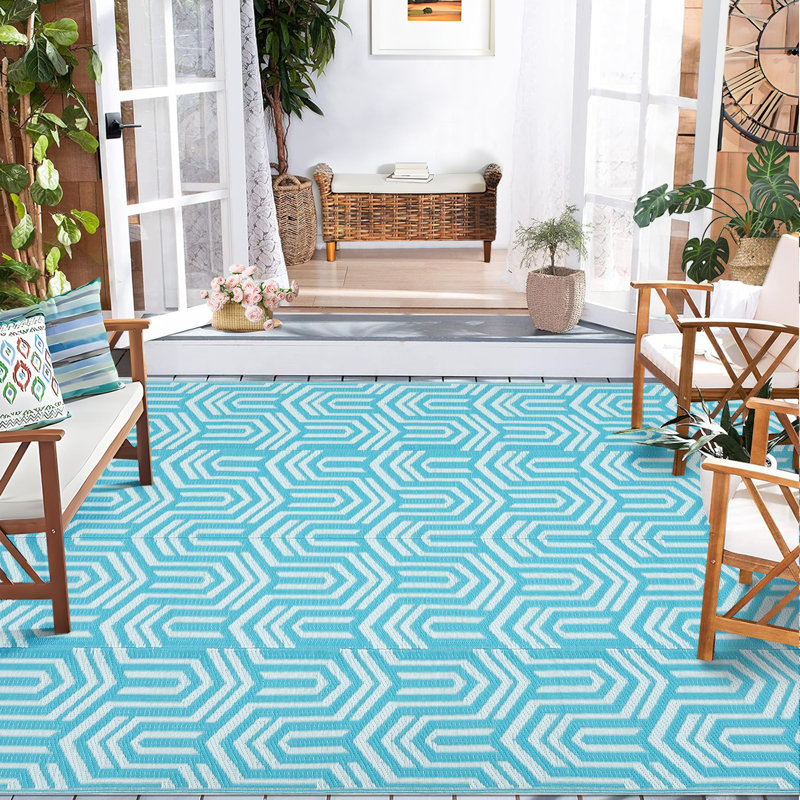 Reversible & Collapsible Outdoor Plastic Area Rug - Modern Abstract Low-Pile Carpet, Mark Resistant, Easy Clean for Patio, Camping, Picnic, RV