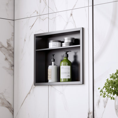 Niche de douche encastrée à deux niveaux l 16 po x H 20 po avec tablette, niche murale en acier inoxydable imperméable - aucun carreau requis