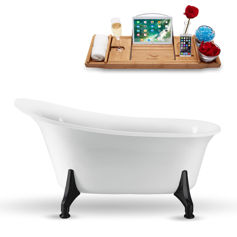 Baignoire de trempage sur pieds 59 "avec drain, pattes et plateau en bambou 59" Streamline, Noir mat, Or poli