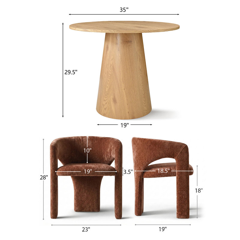35" Round Pedestal Dining Set With Upholstered Chairs, Oak, Terra