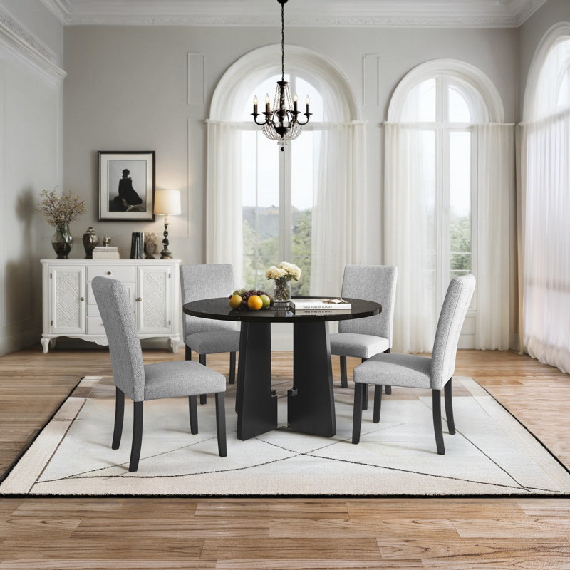 Ensemble de salle à manger rond 5 pièces classique 43,3 x 43,3 x 29,8 pouces en faux marbre et bois d'hévéa, gris et noir avec plateau de table effet marbre