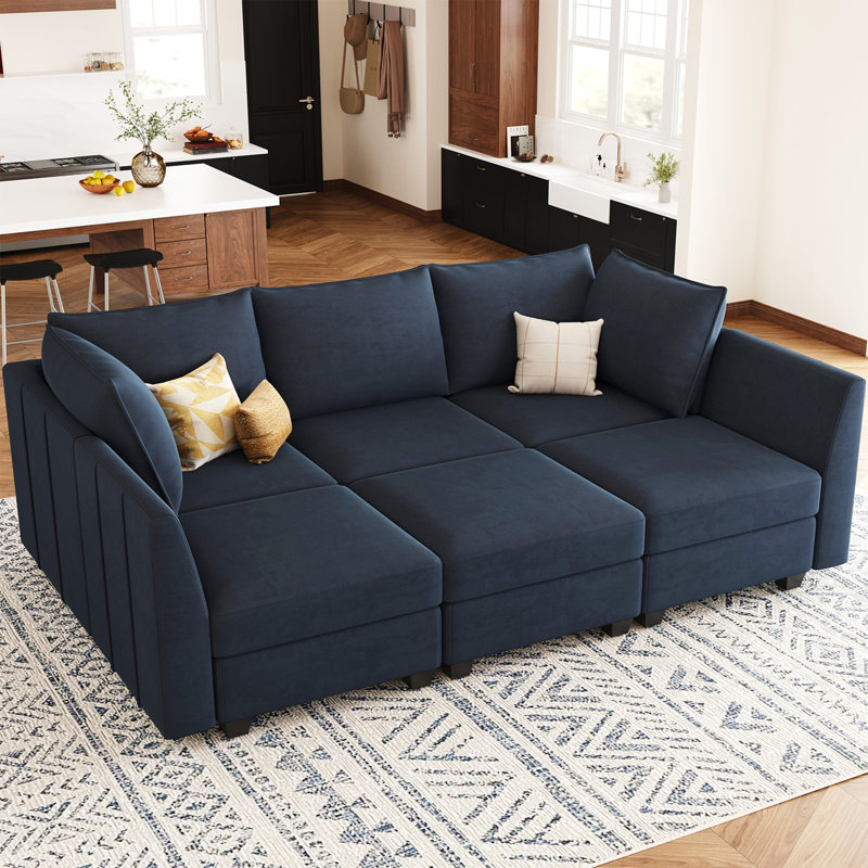 Canapé modulaire en L 7 pièces Allinson, Velours bleu