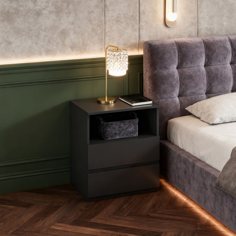 Table de chevet moderne avec station de charge et 2 tiroirs, Blanc