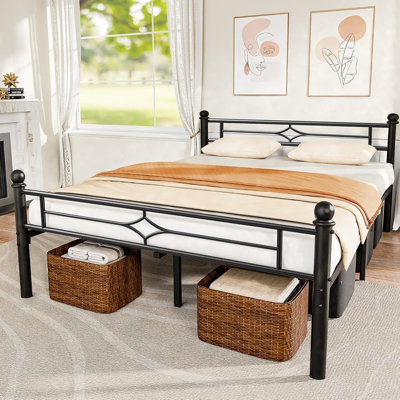 Structure de lit double avec tête et pied de lit, structure de lit plateforme en métal avec boule de coin ronde, support de lattes en acier robuste de 1200 lb, aucun sommier nécessaire / assemblage silencieux / facile, noir