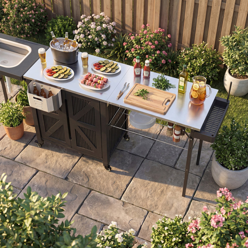 Îlot de cuisine extérieur polaire Aurora avec évier et rangement, table de préparation pour barbecue en acier inoxydable, évier pliable, tables d'appoint extensibles, chariot de barbecue roulant avec roues verrouillables pour le jardin de la cour arrière