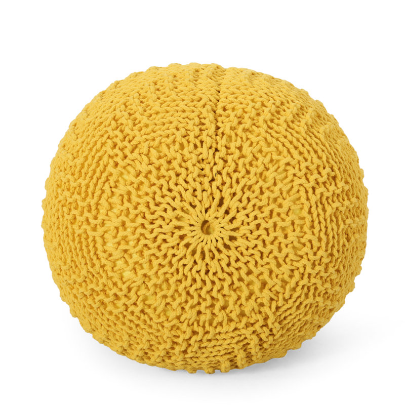 Pouf rond en coton tricoté jaune, facile à poser au sol, supporte jusqu'à 90 kg, accessoire décoratif, nettoyage localisé recommandé, rembourrage en billes, 51,5 cm de profondeur, largeur, 35 cm de hauteur.