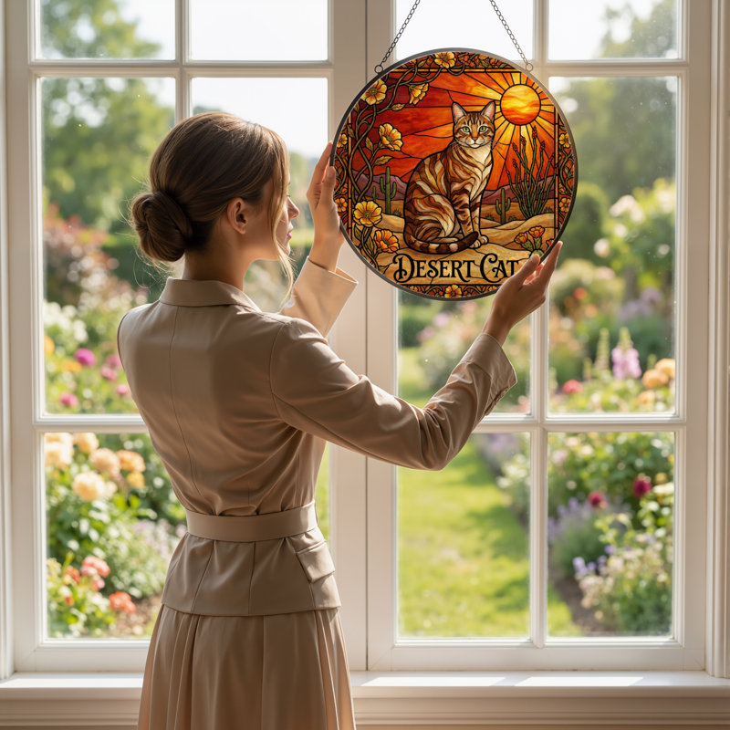 7.8"H Desert Cat Stained Glass Window Panel