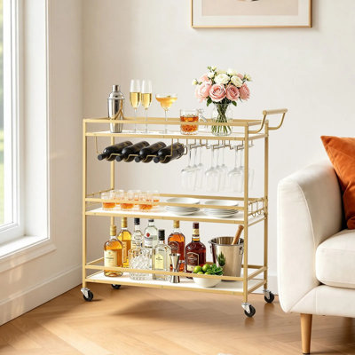 Chariot-bar, chariots de service de cuisine à 3 niveaux, station utilitaire roulante moderne sur roulettes, chariot à boissons mobile avec tablette en bois, support à vin et porte-verre, 35,83 x 12,99 x 36,81 po, or