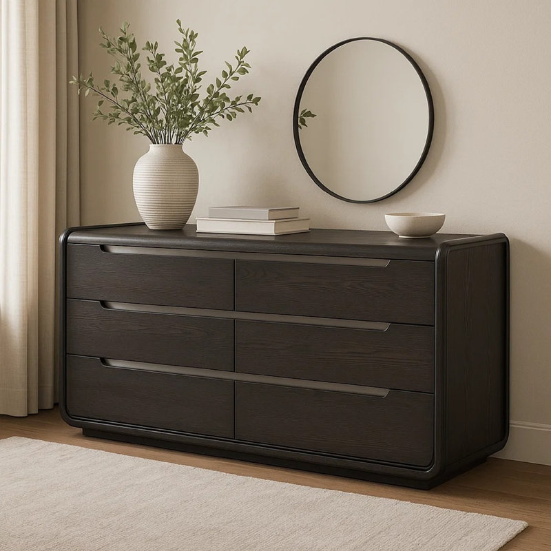Commode 6 tiroirs Osko, bois massif noir avec bordure en acier inoxydable