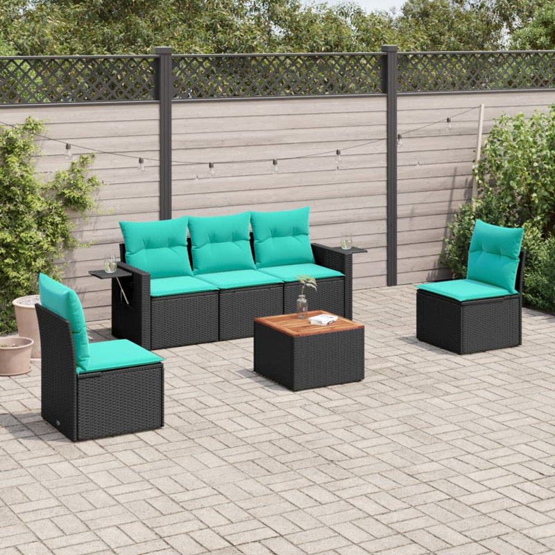 Ensemble de canapés de patio 6 pièces avec coussins en rotin noir