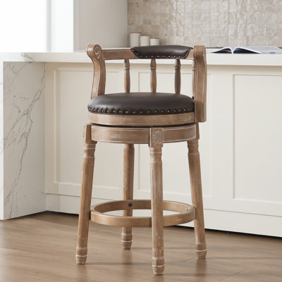 Cow Top Leather Wooden Bar Stool with 360° Swivel & Curved Back, Bar Height Counter Height Chair for Home Kitchen Dining Room, Coffee, 1pc