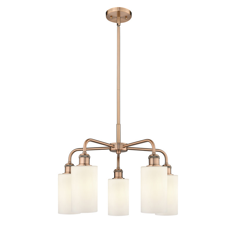 Lustre cylindrique à 5 lumières en acier à intensité variable Ervine, Blanc mat, Cuivre antique