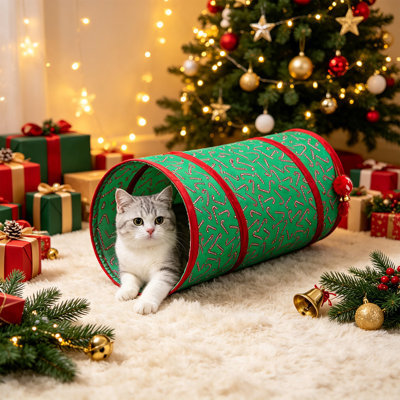 Décorations de Noël, tunnel de jeu interactif pour animaux de compagnie, thème sapin de Noël, pliable, idéal pour les photos de fêtes et les divertissements d'intérieur.