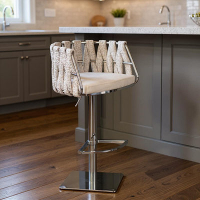 Chaise de bar pivotante à hauteur réglable en faux cuir blanc cassé, lin et acier