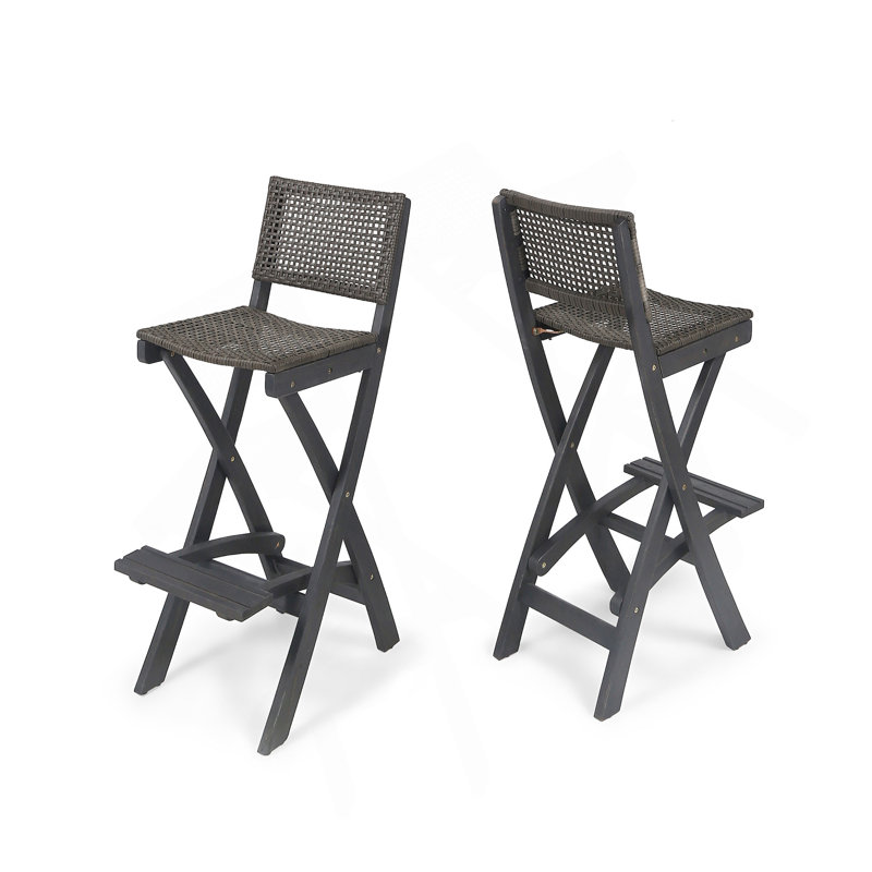 Tabourets de bar pliants d'extérieur 41,75 po en bois d'acacia avec dossier et siège en rotin PE, finition gris foncé (ensemble de 2)