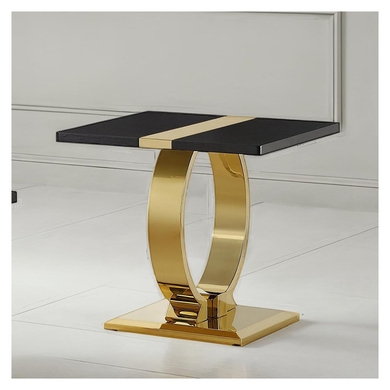 Table d'appoint carrée contemporaine avec piètement à tréteaux en forme de O, fini noir et doré