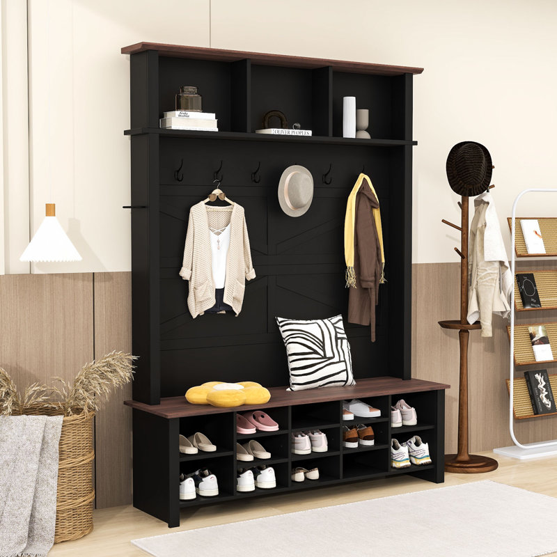 4-in-1 Hall Tree with Bench, Adjustable Shelves, Shoe Organizer, 6 Hooks and Umbrella Rack, Black