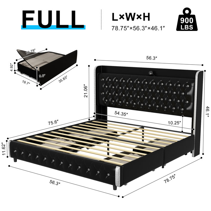 Upholstered Platform Bed Frame With 360° Galaxy Projector, Dustproof Storage Drawers, Wingback Headboard, Full, Black