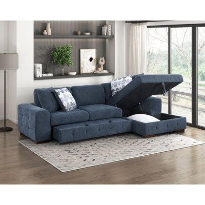 Blue 2-Piece Sectional with Left Chaise Storage Pull out Bed Tufted Chenille Fabric Solid Wood Living Room Furniture