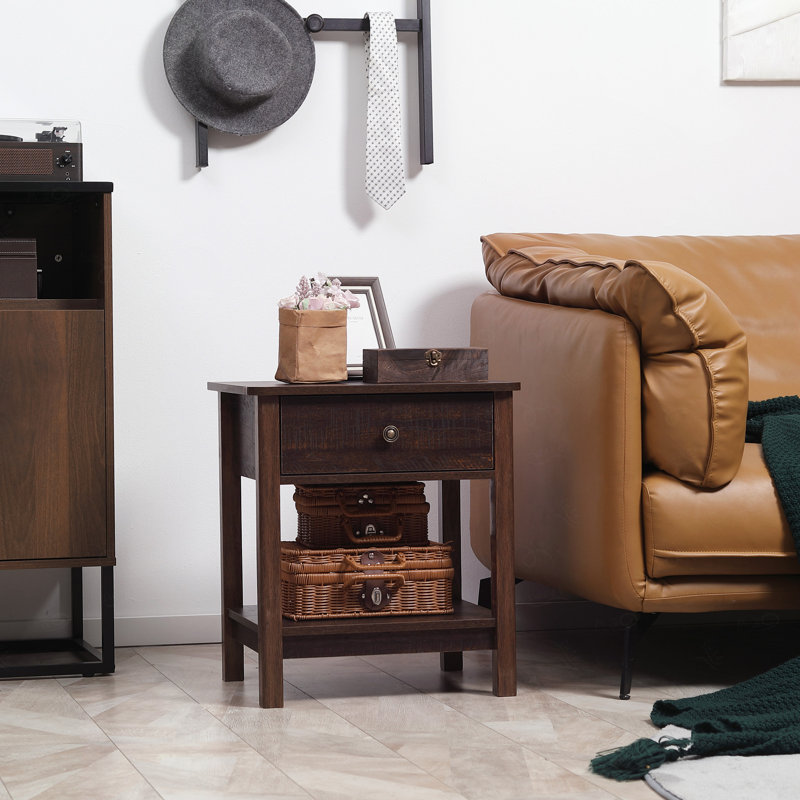End Table with Drawer, Side Table with Top and Bottom Shelf for Small Spaces