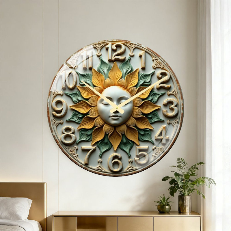 Horloge murale 24 po en forme de soleil avec pétales dorés et feuilles vertes